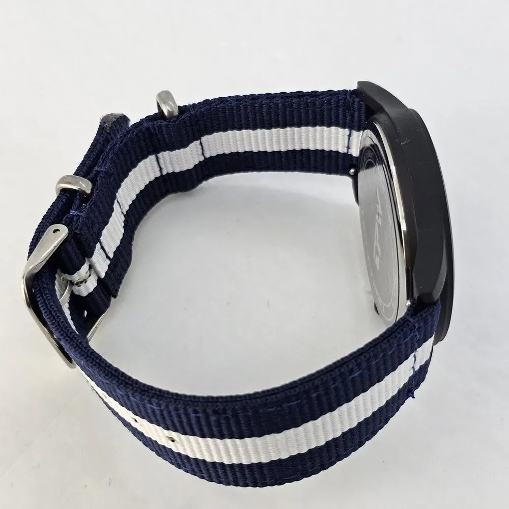 Men's Field Watch 42MM Black Case Black‎ Dial Blue White Canvas Band Straps